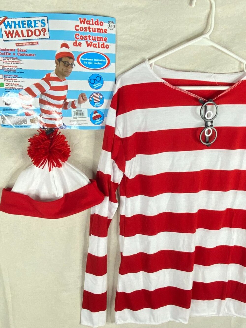 Where's Waldo Shirt Hat Glasses Costume Adult L XL Elope Halloween Funny Find